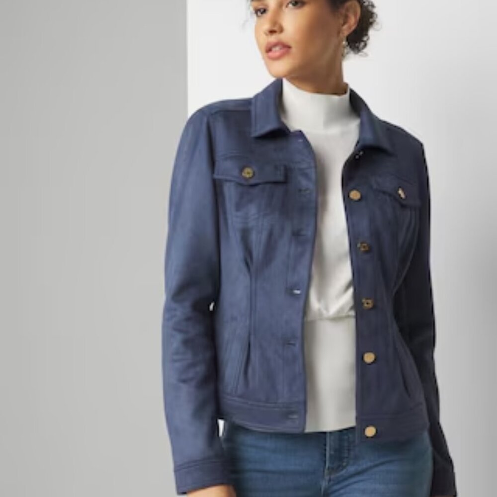 White House Black Market Faux Suede Flirty Jacket Small - Deep Blue